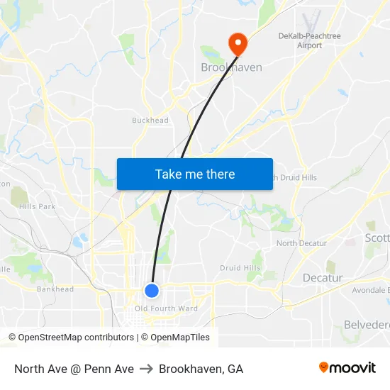 North Ave @ Penn Ave to Brookhaven, GA map