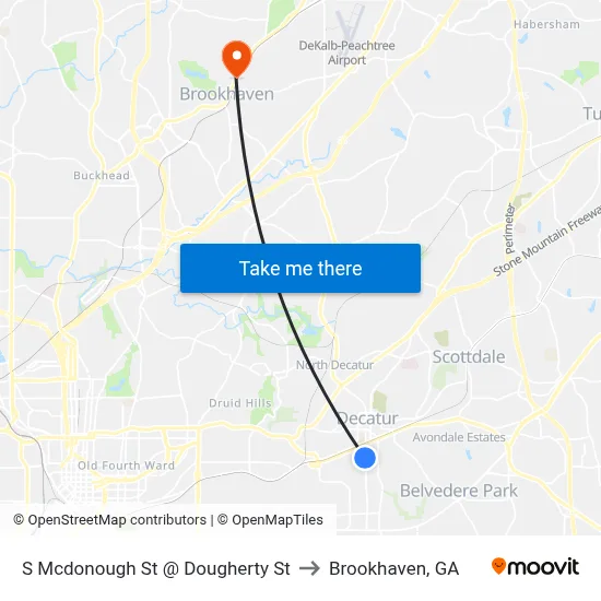 S Mcdonough St @ Dougherty St to Brookhaven, GA map