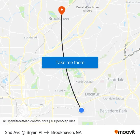 2nd Ave @ Bryan Pl to Brookhaven, GA map