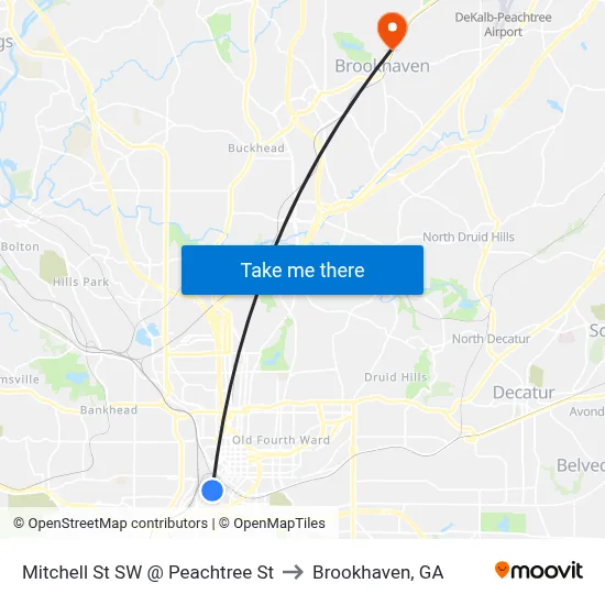 Mitchell St SW @ Peachtree St to Brookhaven, GA map