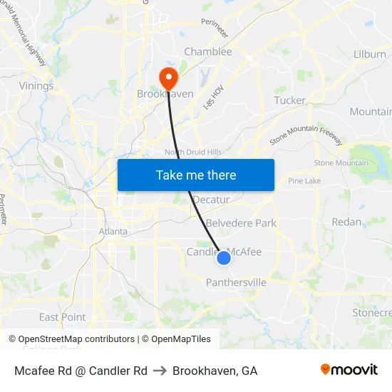 Mcafee Rd @ Candler Rd to Brookhaven, GA map