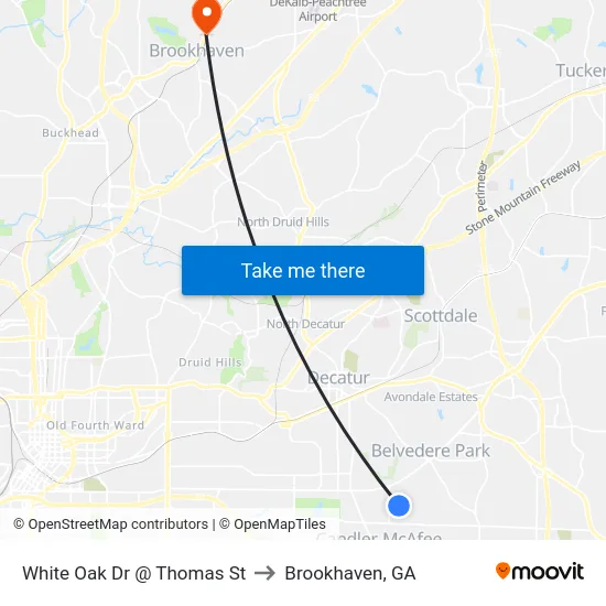 White Oak Dr @ Thomas St to Brookhaven, GA map