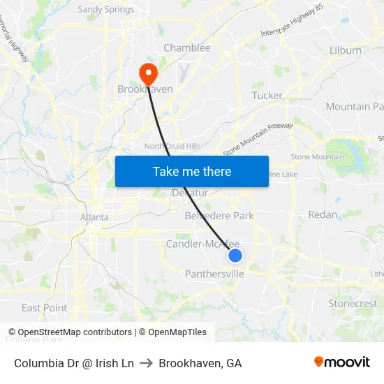 Columbia Dr @ Irish Ln to Brookhaven, GA map