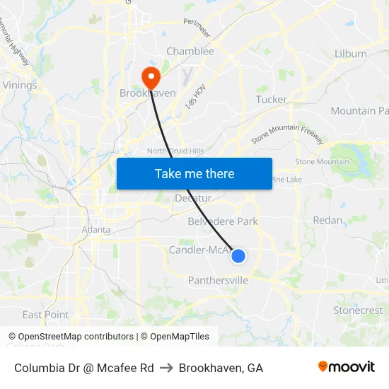 Columbia Dr @ Mcafee Rd to Brookhaven, GA map