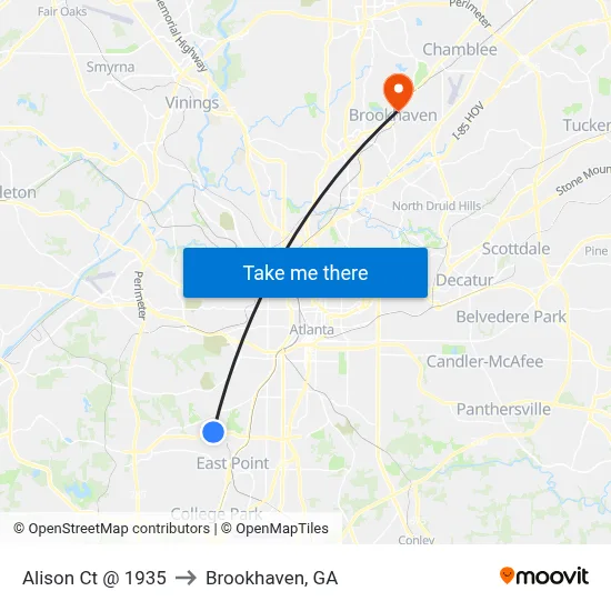 Alison Ct @ 1935 to Brookhaven, GA map