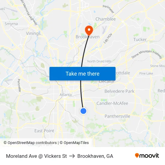 Moreland Ave @ Vickers St to Brookhaven, GA map