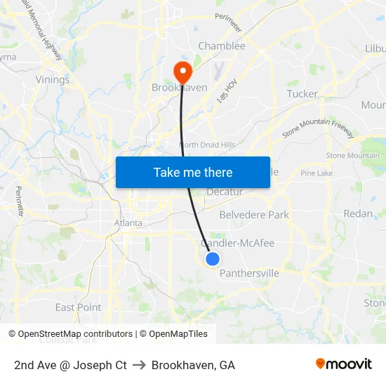 2nd Ave @ Joseph Ct to Brookhaven, GA map