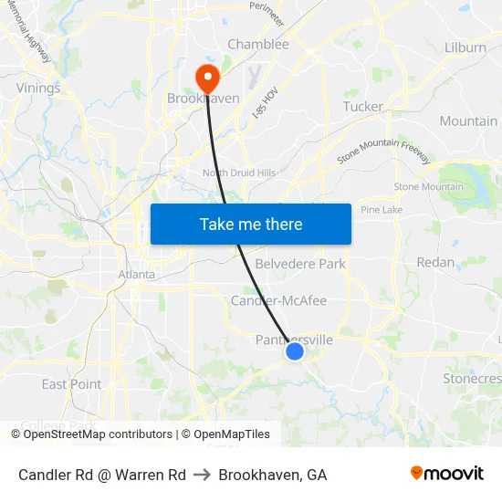 Candler Rd @ Warren Rd to Brookhaven, GA map