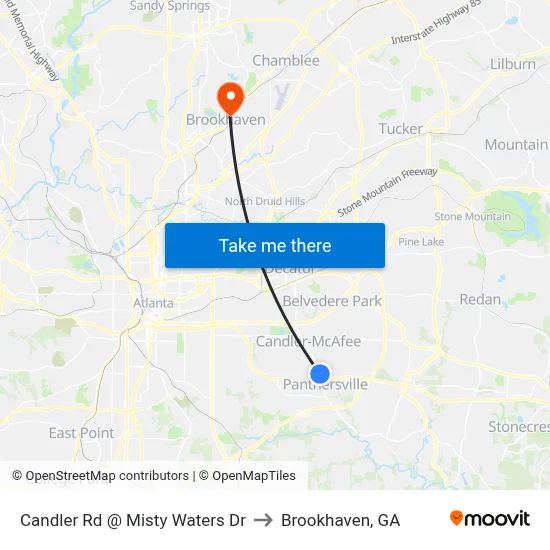 Candler Rd @ Misty Waters Dr to Brookhaven, GA map