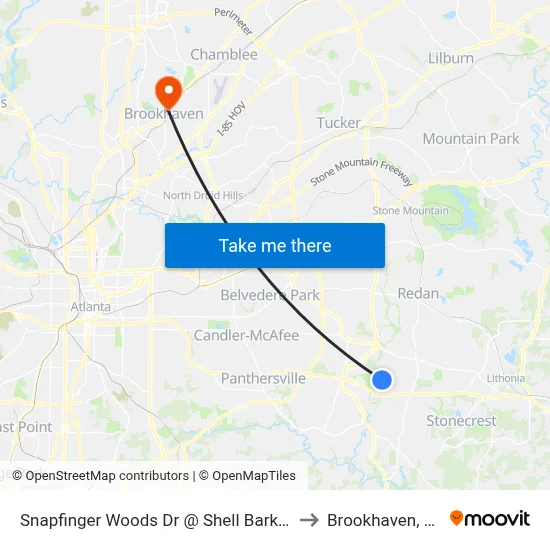 Snapfinger Woods Dr @ Shell Bark Rd to Brookhaven, GA map