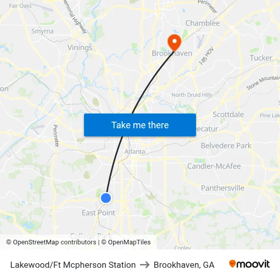 Lakewood/Ft Mcpherson Station to Brookhaven, GA map
