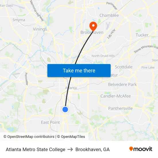 Atlanta Metro State College to Brookhaven, GA map