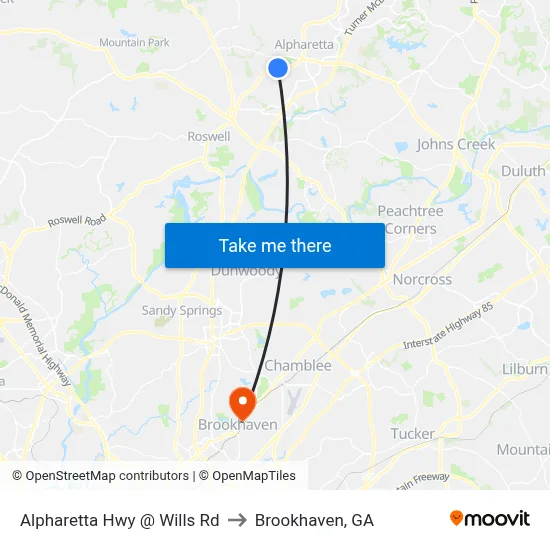 Alpharetta Hwy @ Wills Rd to Brookhaven, GA map