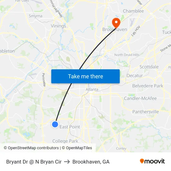 Bryant Dr @ N Bryan Cir to Brookhaven, GA map