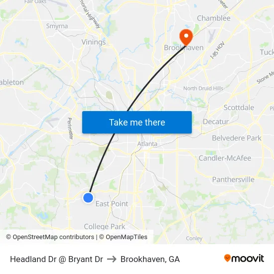 Headland Dr @ Bryant Dr to Brookhaven, GA map