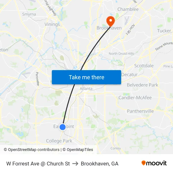 W Forrest Ave @ Church St to Brookhaven, GA map