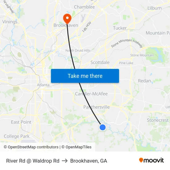 River Rd @ Waldrop Rd to Brookhaven, GA map