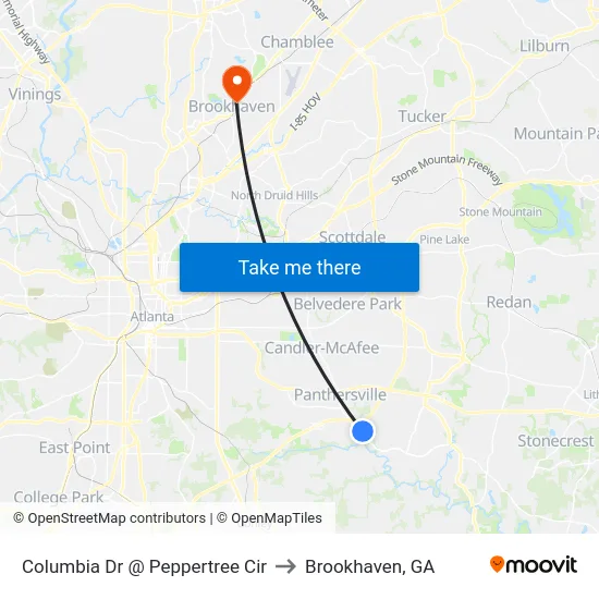 Columbia Dr @ Peppertree Cir to Brookhaven, GA map