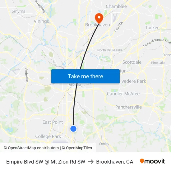 Empire Blvd SW @ Mt Zion Rd SW to Brookhaven, GA map