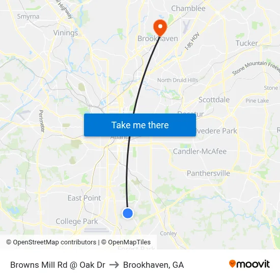 Browns Mill Rd @ Oak Dr to Brookhaven, GA map