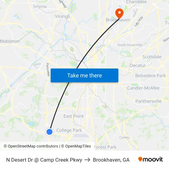 N Desert Dr @ Camp Creek Pkwy to Brookhaven, GA map
