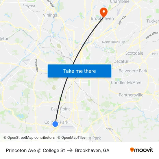 Princeton Ave @ College St to Brookhaven, GA map