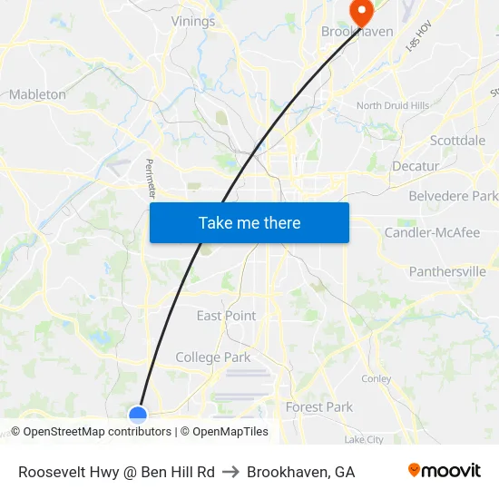 Roosevelt Hwy @ Ben Hill Rd to Brookhaven, GA map