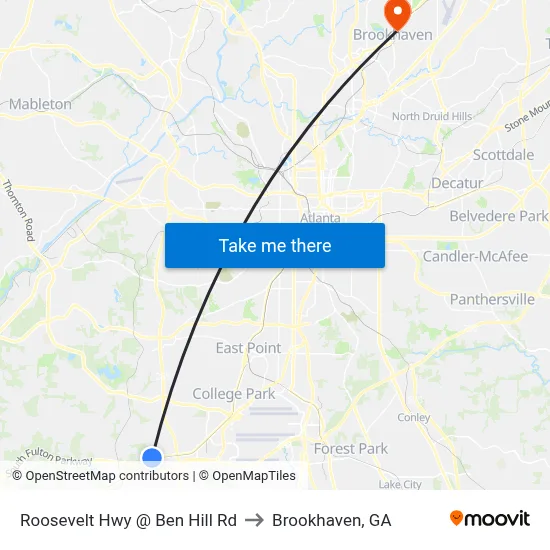 Roosevelt Hwy @ Ben Hill Rd to Brookhaven, GA map