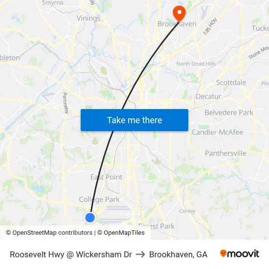 Roosevelt Hwy @ Wickersham Dr to Brookhaven, GA map
