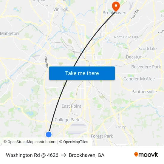 Washington Rd @ 4626 to Brookhaven, GA map