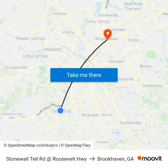 Stonewall Tell Rd @ Roosevelt Hwy to Brookhaven, GA map