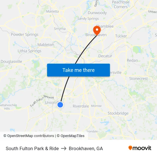 South Fulton Park & Ride to Brookhaven, GA map