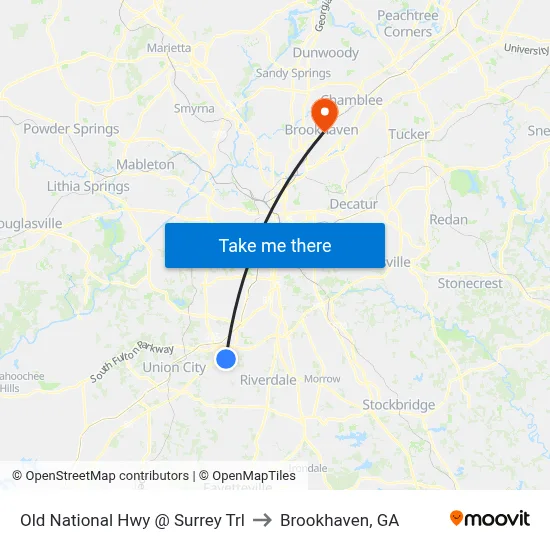 Old National Hwy @ Surrey Trl to Brookhaven, GA map