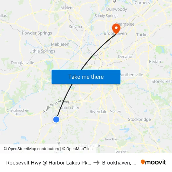 Roosevelt Hwy @ Harbor Lakes Pkwy to Brookhaven, GA map