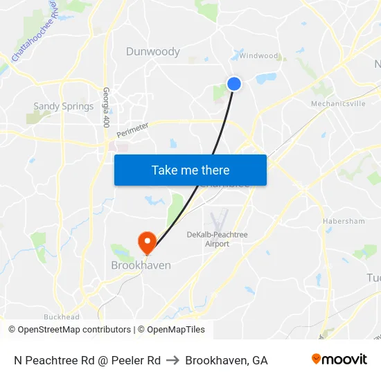 N Peachtree Rd @ Peeler Rd to Brookhaven, GA map
