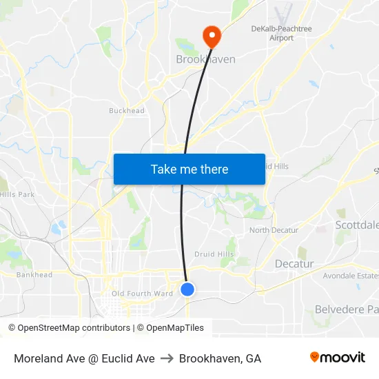 Moreland Ave @ Euclid Ave to Brookhaven, GA map