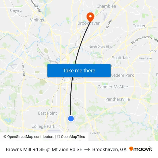Browns Mill Rd SE @ Mt Zion Rd SE to Brookhaven, GA map