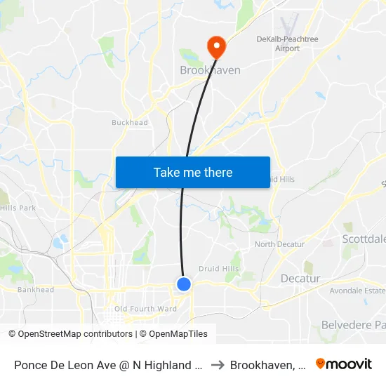 Ponce De Leon Ave @ N Highland Ave to Brookhaven, GA map