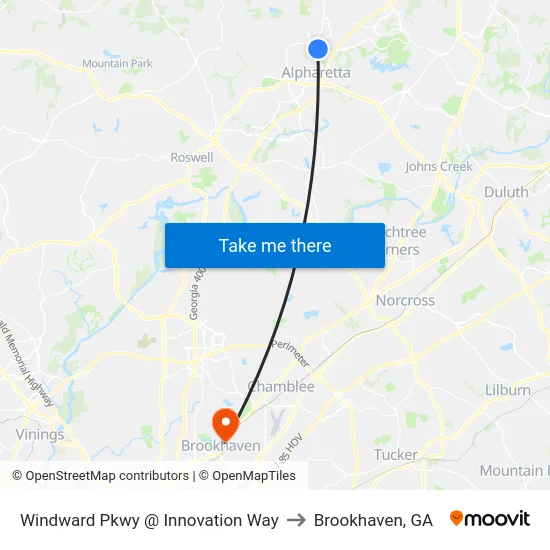 Windward Pkwy @ Innovation Way to Brookhaven, GA map