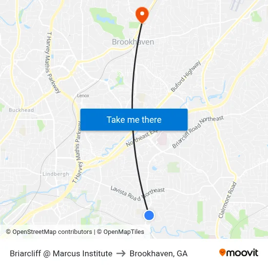 Briarcliff @ Marcus Institute to Brookhaven, GA map