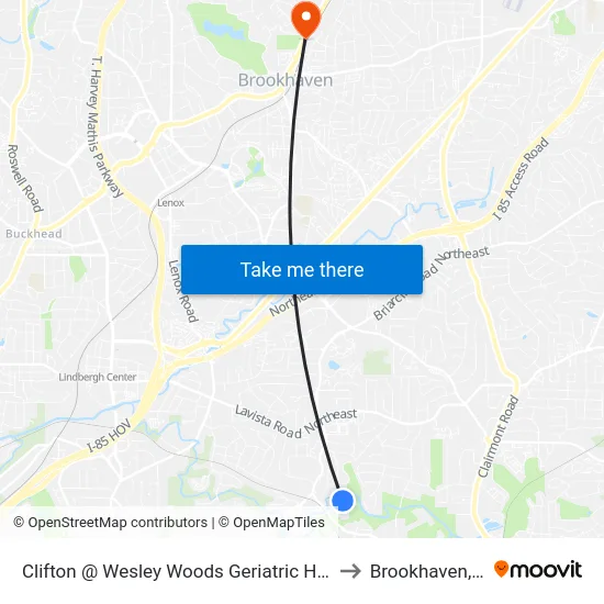 Clifton @ Wesley Woods Geriatric Hospital to Brookhaven, GA map
