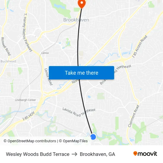 Wesley Woods Budd Terrace to Brookhaven, GA map