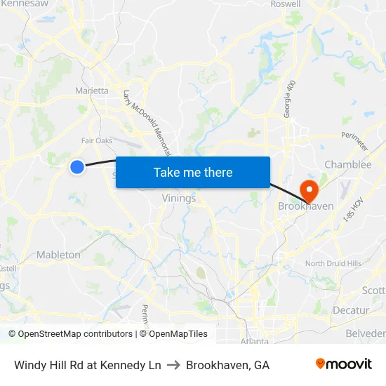 Windy Hill Rd at Kennedy Ln to Brookhaven, GA map