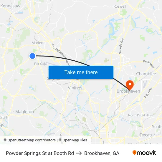 Powder Springs St at Booth Rd to Brookhaven, GA map