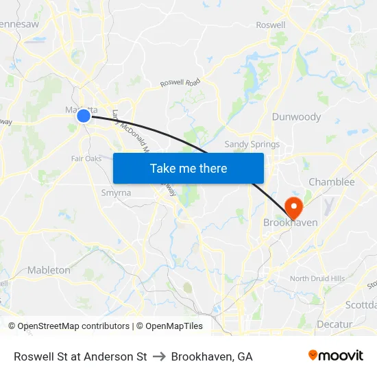 Roswell St at Anderson St to Brookhaven, GA map