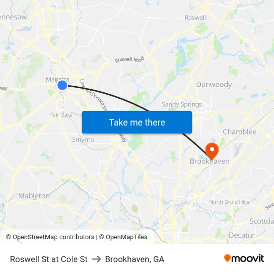 Roswell St at Cole St to Brookhaven, GA map