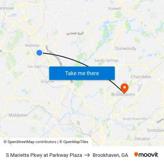 S Marietta Pkwy at Parkway Plaza to Brookhaven, GA map