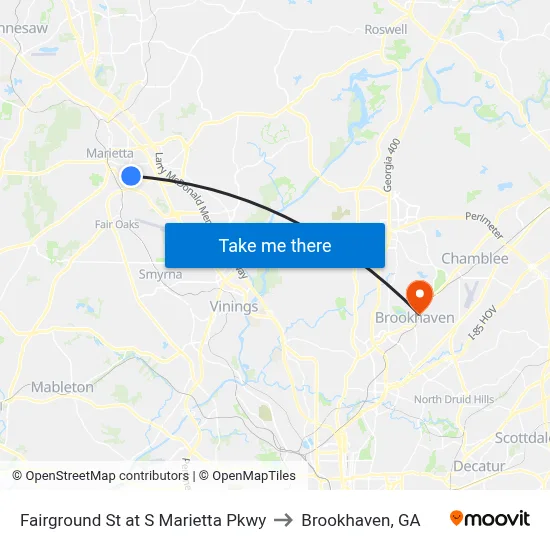 Fairground St at S Marietta Pkwy to Brookhaven, GA map