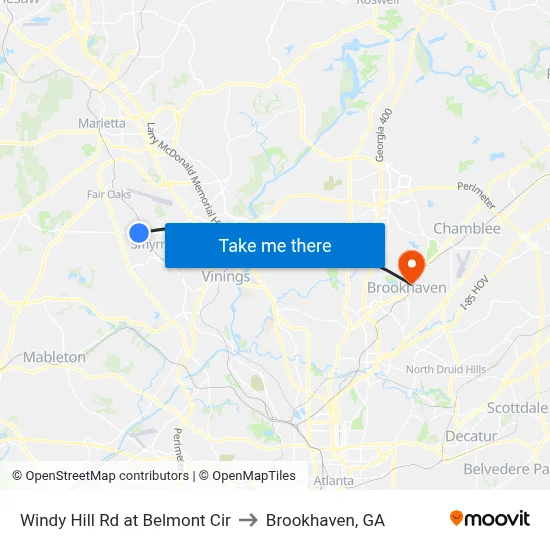 Windy Hill Rd at Belmont Cir to Brookhaven, GA map