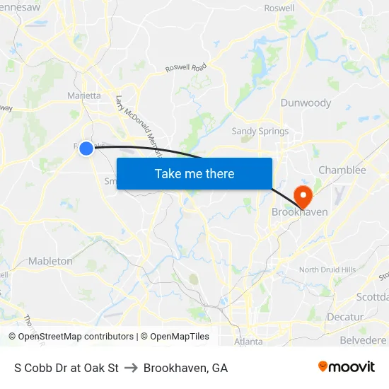 S Cobb Dr at Oak St to Brookhaven, GA map